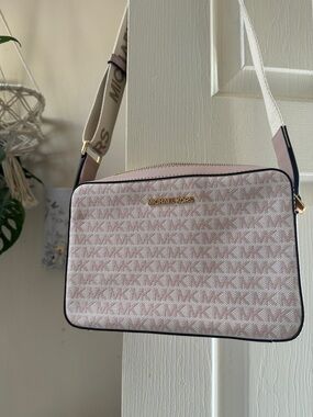 Michael Kors Blush Pink MK Logo Crossbody Bag with Beige Strap